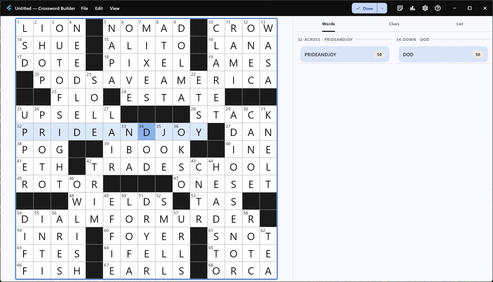 Crossword Builder on a computer: a filled 15×15 grid beside its word list