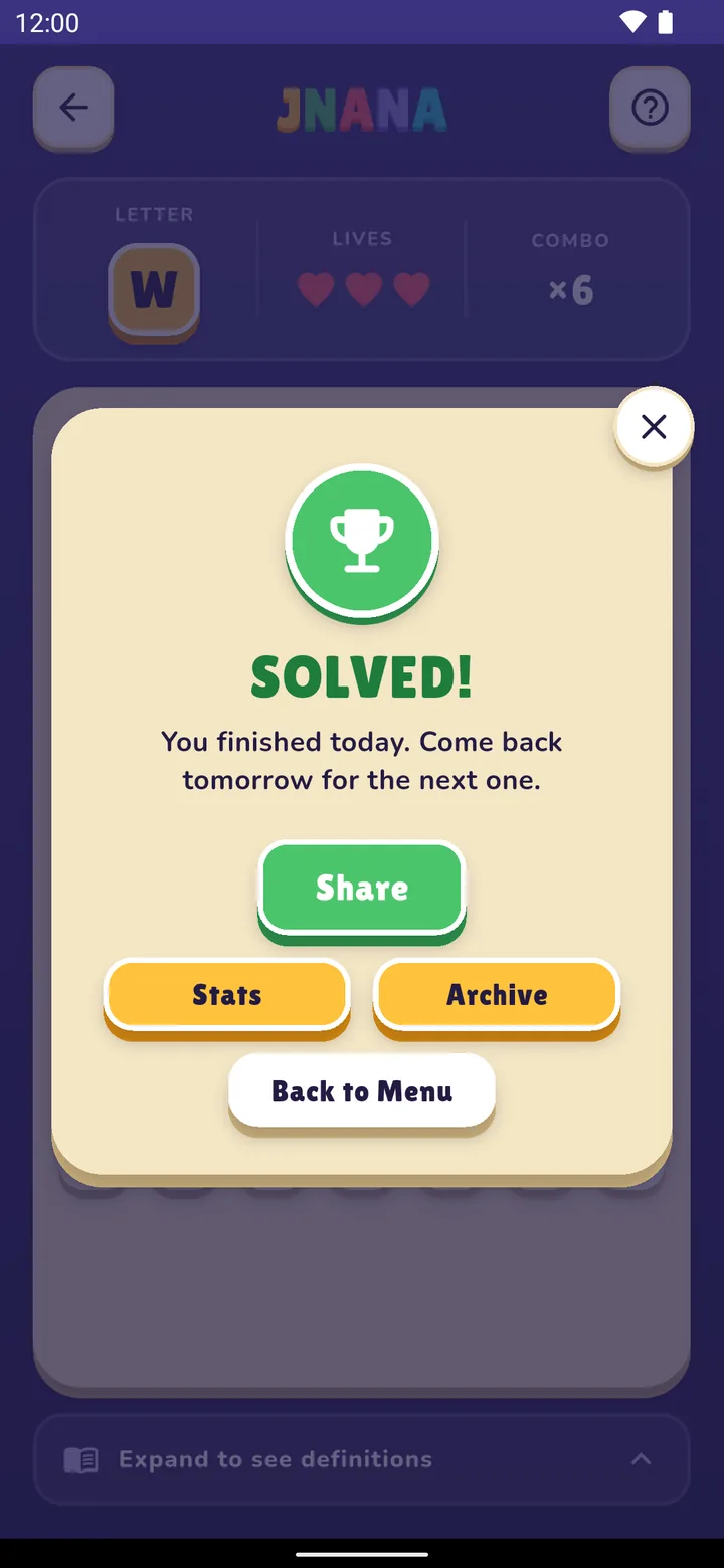 The Daily solved card, with Share, Stats and Archive