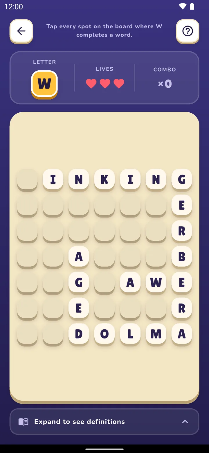 Jnana's Daily puzzle: a board of letter tiles to place a W into